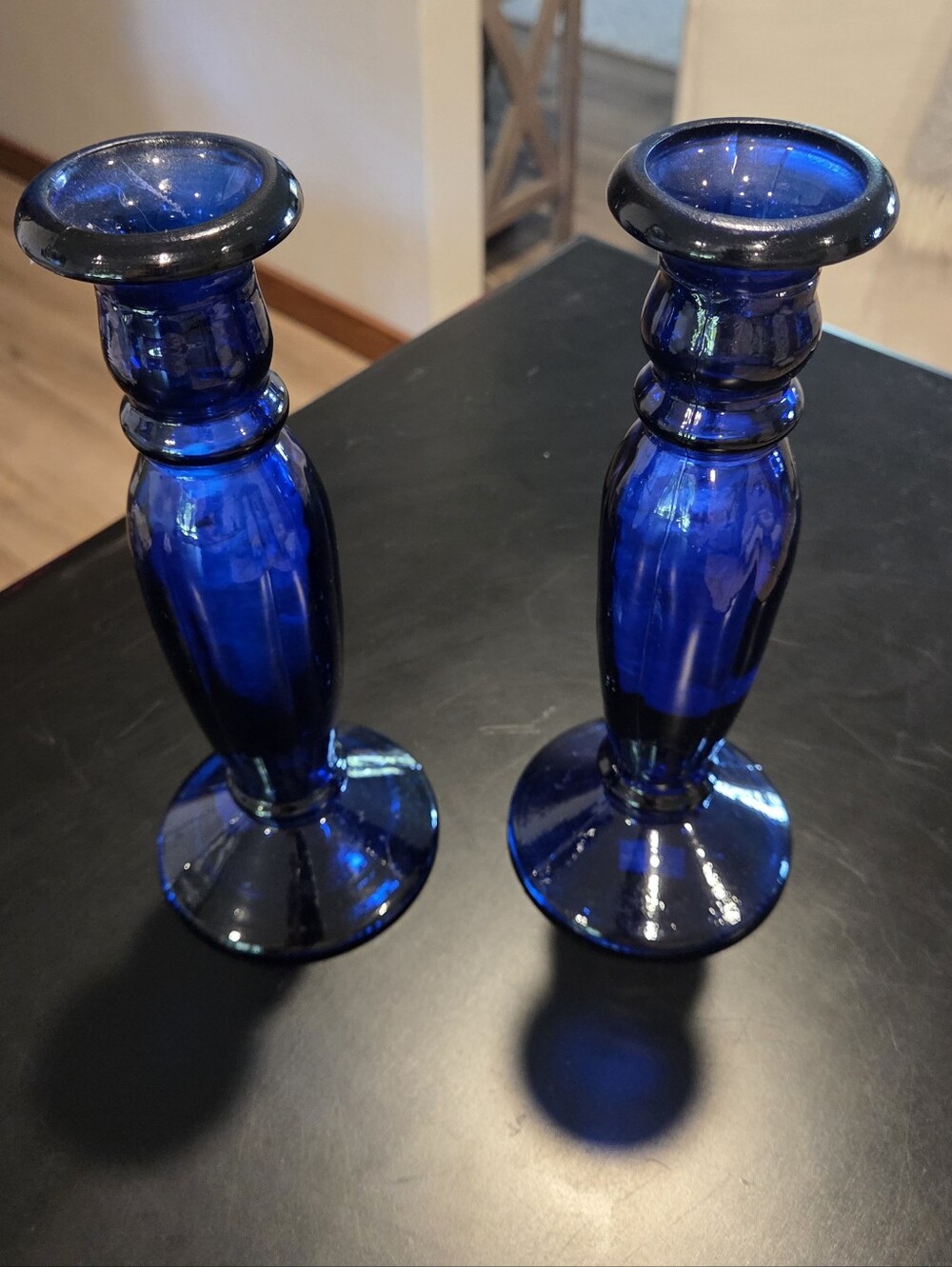 Candle Holders Vtg Pair Cobalt Blue 9 In. Set Of 2 Mid Century Glass Taper